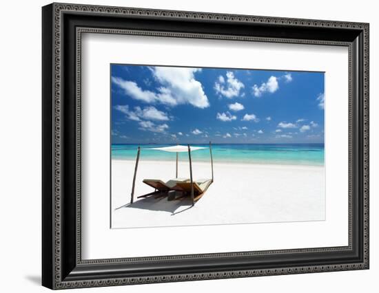 Lounge chairs on tropical white sandy beach, The Maldives, Indian Ocean, Asia-Sakis Papadopoulos-Framed Photographic Print
