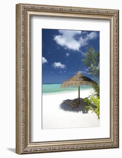 Lounge Chairs under Shade of Umbrella on Tropical Beach, Maldives, Indian Ocean, Asia-Sakis Papadopoulos-Framed Photographic Print