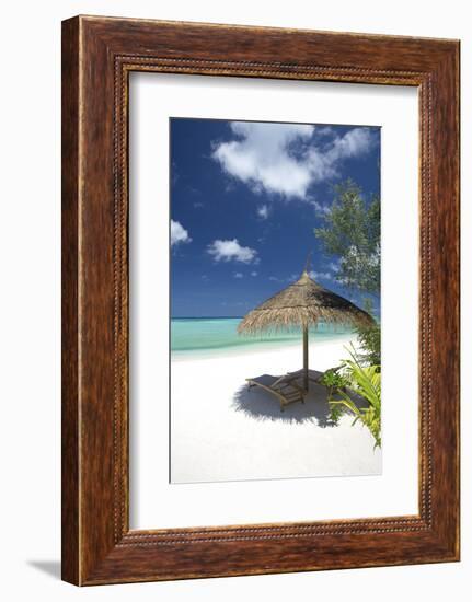 Lounge Chairs under Shade of Umbrella on Tropical Beach, Maldives, Indian Ocean, Asia-Sakis Papadopoulos-Framed Photographic Print