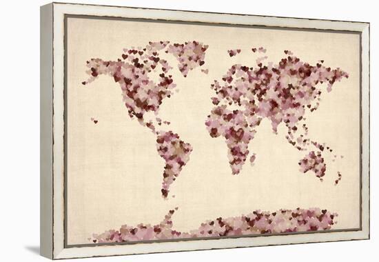 Love Hearts Map of the World Map-Michael Tompsett-Framed Stretched Canvas