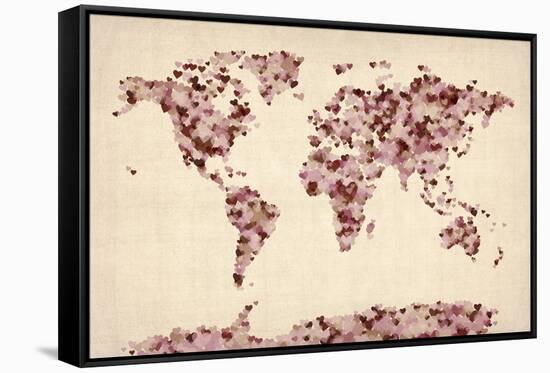 Love Hearts Map of the World Map-Michael Tompsett-Framed Stretched Canvas