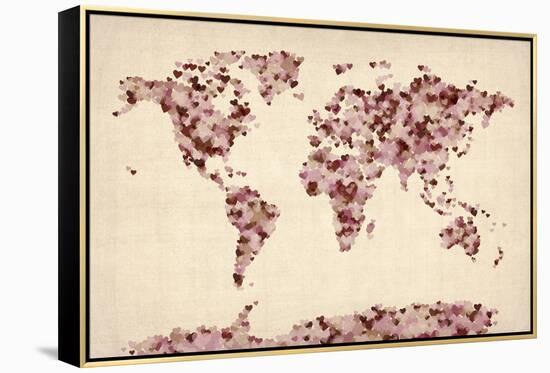 Love Hearts Map of the World Map-Michael Tompsett-Framed Stretched Canvas