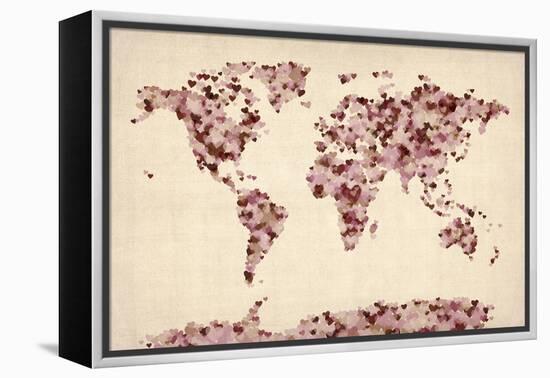 Love Hearts Map of the World Map-Michael Tompsett-Framed Stretched Canvas