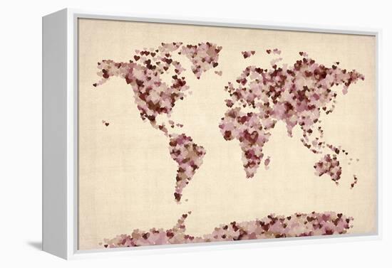 Love Hearts Map of the World Map-Michael Tompsett-Framed Stretched Canvas