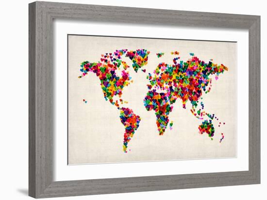 Love Hearts Map of the World Map-Michael Tompsett-Framed Premium Giclee Print