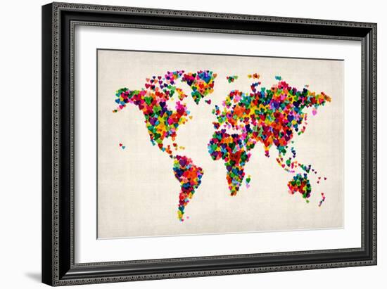 Love Hearts Map of the World Map-Michael Tompsett-Framed Premium Giclee Print