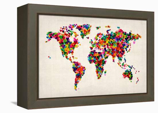 Love Hearts Map of the World Map-Michael Tompsett-Framed Stretched Canvas