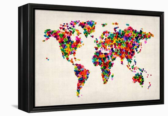 Love Hearts Map of the World Map-Michael Tompsett-Framed Stretched Canvas