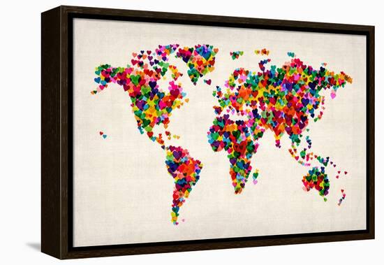 Love Hearts Map of the World Map-Michael Tompsett-Framed Stretched Canvas