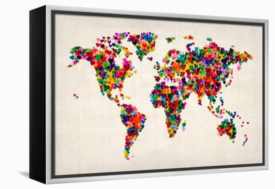 Love Hearts Map of the World Map-Michael Tompsett-Framed Stretched Canvas