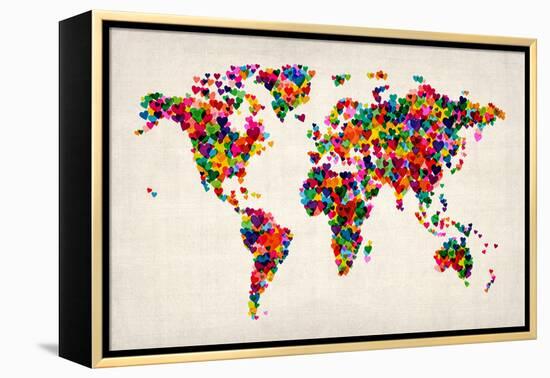 Love Hearts Map of the World Map-Michael Tompsett-Framed Stretched Canvas