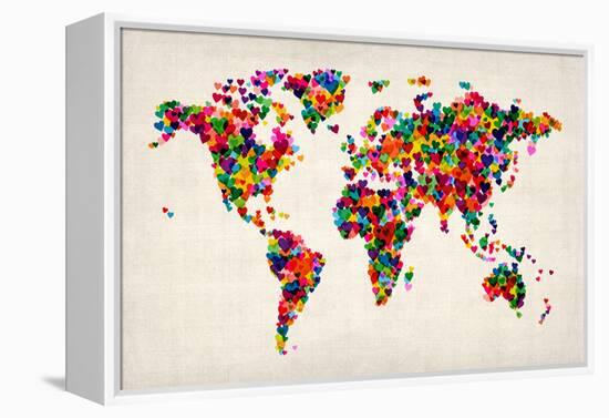 Love Hearts Map of the World Map-Michael Tompsett-Framed Stretched Canvas