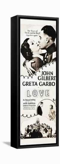 LOVE, l-r: Greta Garbo, John Gilbert on insert poster, 1927.-null-Framed Stretched Canvas