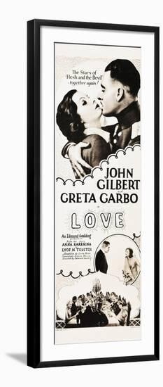LOVE, l-r: Greta Garbo, John Gilbert on insert poster, 1927.-null-Framed Art Print