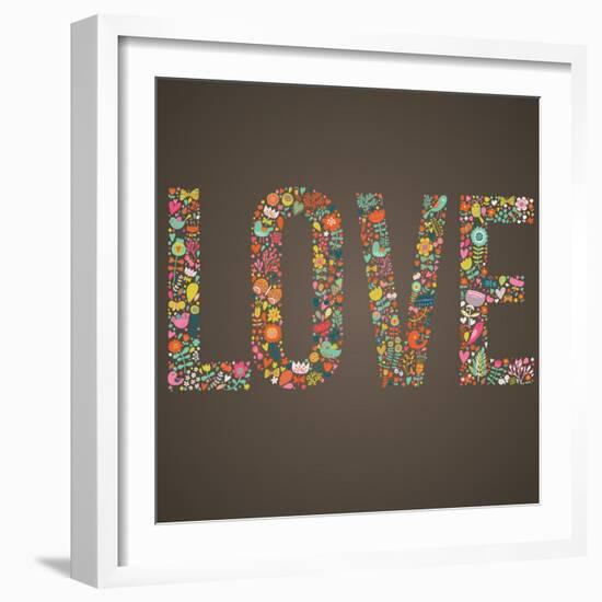 Love Word Made of Flowers, Birds and Leafs-smilewithjul-Framed Art Print