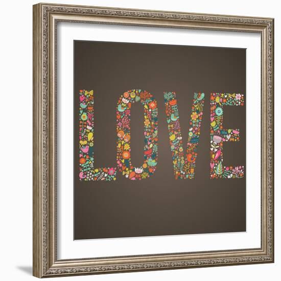 Love Word Made of Flowers, Birds and Leafs-smilewithjul-Framed Premium Giclee Print