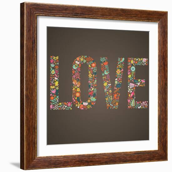 Love Word Made of Flowers, Birds and Leafs-smilewithjul-Framed Premium Giclee Print