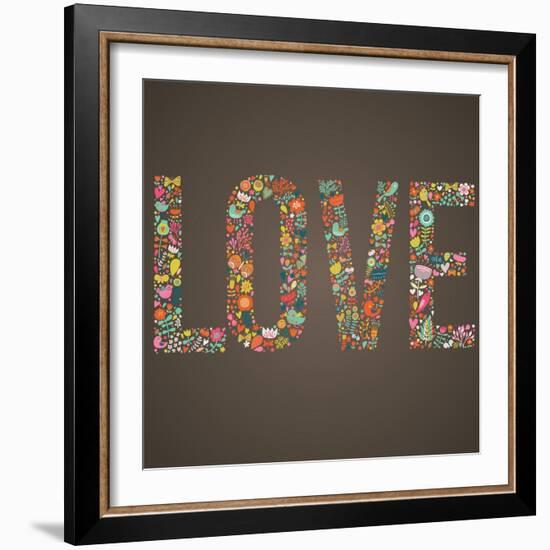 Love Word Made of Flowers, Birds and Leafs-smilewithjul-Framed Premium Giclee Print