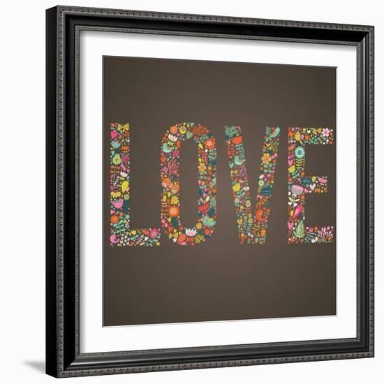 Love Word Made of Flowers, Birds and Leafs-smilewithjul-Framed Premium Giclee Print