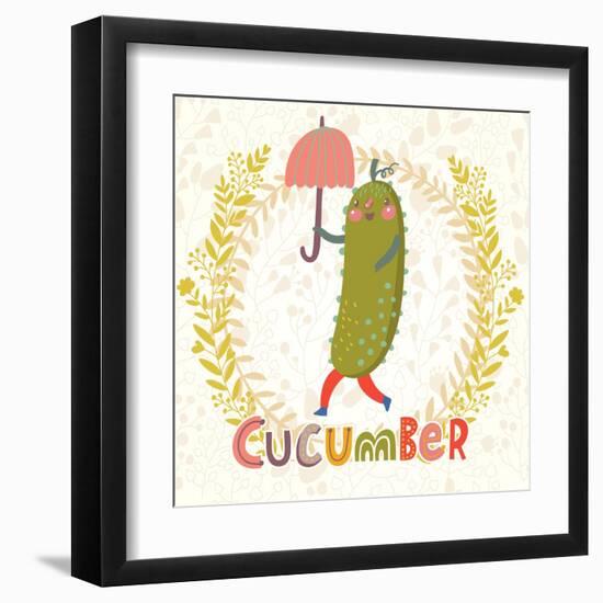 Lovely Cucumber in Funny Cartoon Style. Healthy Concept Card in Vector. Stunning Tasty Background I-smilewithjul-Framed Art Print