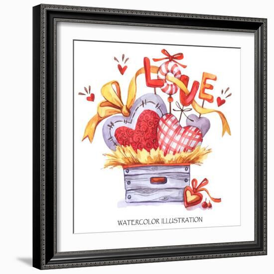 Lovely Hand Drawn Illustration. Watercolor Valentines Day Card. Wooden Box with Textile Hearts in T-Anastezia Luneva-Framed Premium Giclee Print