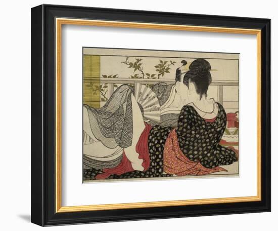 Lovers in an Upstairs Room, from Uta Makura ('Poem of the Pillow'), a Colour Woodblock Print-Kitagawa Utamaro-Framed Art Print