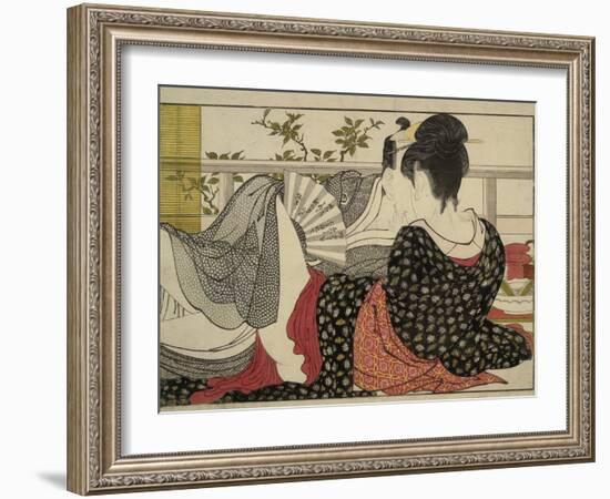 Lovers in an Upstairs Room, from Uta Makura ('Poem of the Pillow'), a Colour Woodblock Print-Kitagawa Utamaro-Framed Art Print