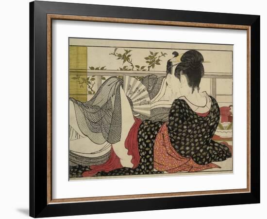 Lovers in an Upstairs Room, from Uta Makura ('Poem of the Pillow'), a Colour Woodblock Print-Kitagawa Utamaro-Framed Art Print