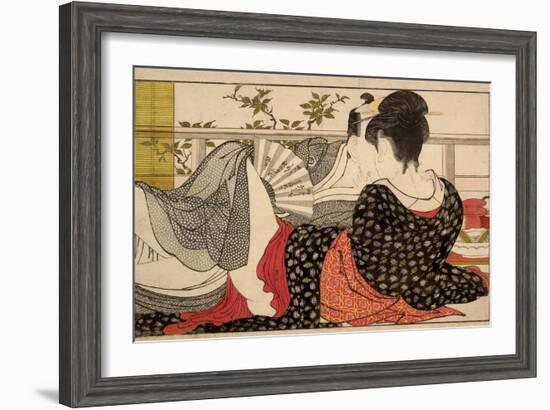 Lovers in an Upstairs Room, from Uta Makura ('Poem of the Pillow'), a Colour Woodblock Print-Kitagawa Utamaro-Framed Art Print