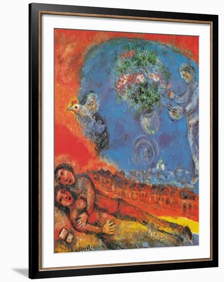 Lovers on a Red Background-Marc Chagall-Framed Art Print