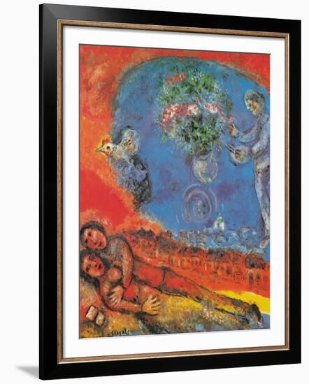 Lovers on a Red Background-Marc Chagall-Framed Art Print