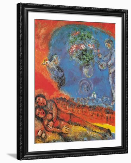 Lovers on a Red Background-Marc Chagall-Framed Art Print