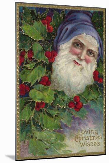 Loving Christmas Wishes Postcard with Santa Claus in Blue Cap-null-Mounted Giclee Print