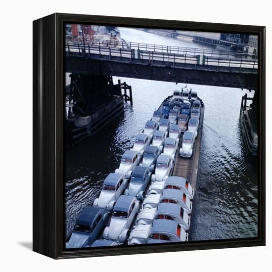 Low Aerials of Citroen Cars on Barge in Unidentified Waterssomewhere in Europe-Ralph Crane-Framed Premier Image Canvas