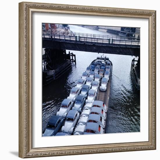 Low Aerials of Citroen Cars on Barge in Unidentified Waterssomewhere in Europe-Ralph Crane-Framed Photographic Print