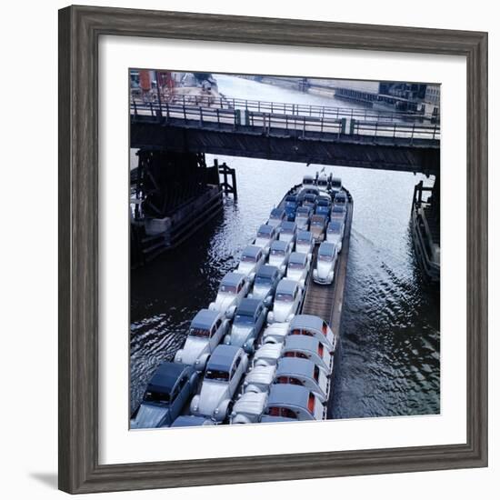 Low Aerials of Citroen Cars on Barge in Unidentified Waterssomewhere in Europe-Ralph Crane-Framed Photographic Print