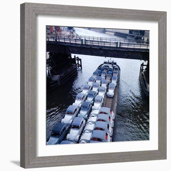 Low Aerials of Citroen Cars on Barge in Unidentified Waterssomewhere in Europe-Ralph Crane-Framed Photographic Print