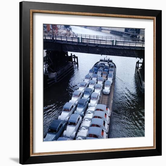 Low Aerials of Citroen Cars on Barge in Unidentified Waterssomewhere in Europe-Ralph Crane-Framed Photographic Print