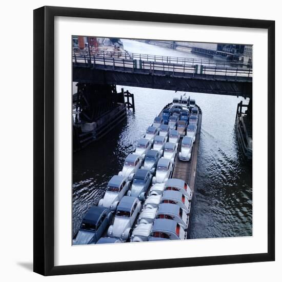 Low Aerials of Citroen Cars on Barge in Unidentified Waterssomewhere in Europe-Ralph Crane-Framed Photographic Print