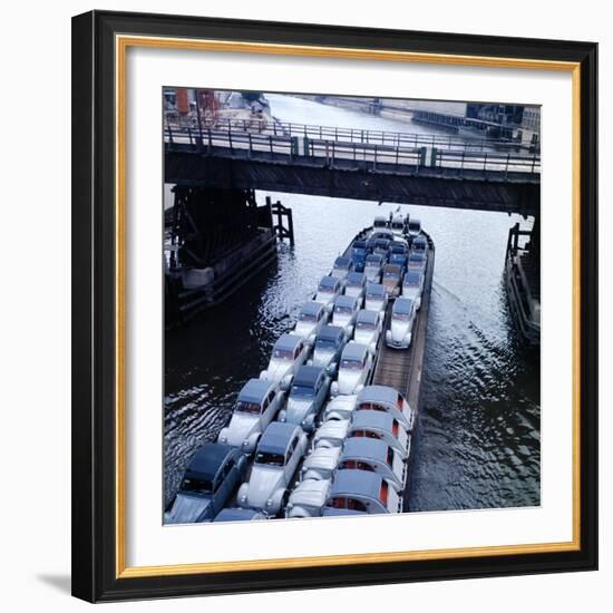 Low Aerials of Citroen Cars on Barge in Unidentified Waterssomewhere in Europe-Ralph Crane-Framed Photographic Print