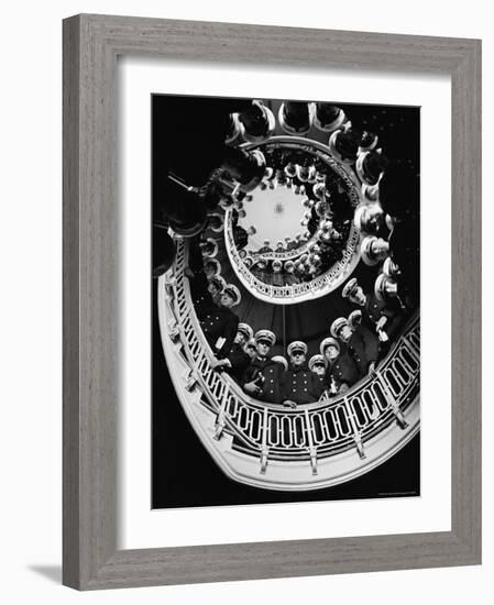 Low Angle of Cadets at Naval Academy Lining Stairway in Maury Hall-Alfred Eisenstaedt-Framed Photographic Print