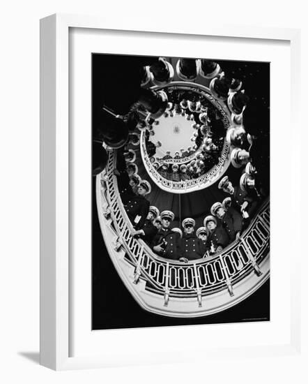 Low Angle of Cadets at Naval Academy Lining Stairway in Maury Hall-Alfred Eisenstaedt-Framed Photographic Print