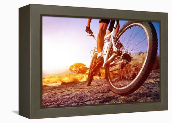 Low Angle View Of Cyclist Riding Mountain Bike On Rocky Trail At Sunrise-warrengoldswain-Framed Premier Image Canvas
