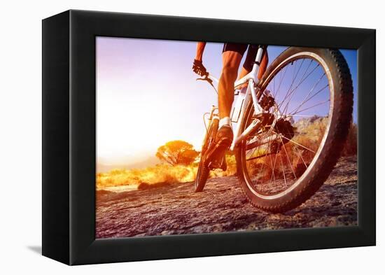 Low Angle View Of Cyclist Riding Mountain Bike On Rocky Trail At Sunrise-warrengoldswain-Framed Premier Image Canvas