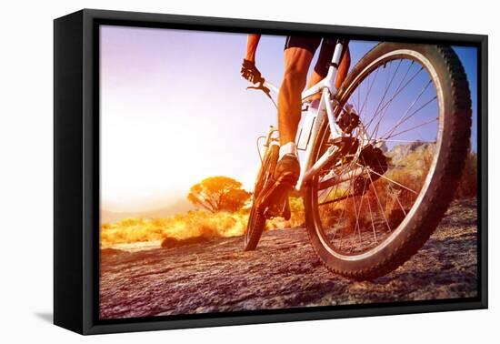 Low Angle View Of Cyclist Riding Mountain Bike On Rocky Trail At Sunrise-warrengoldswain-Framed Premier Image Canvas