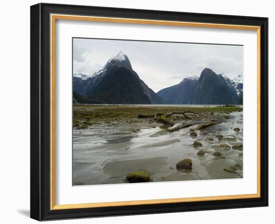 Low-Angle View of Mitre Peak, Stirling Falls, New Zealand-Timothy Mulholland-Framed Photographic Print