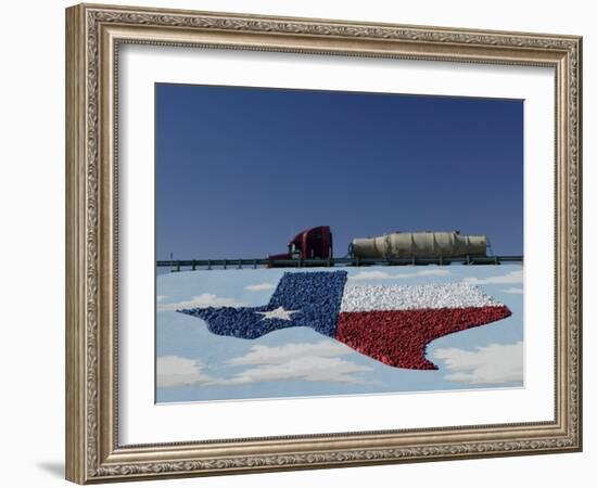 Low Angle View of Truck and Map of Texas on the Slope Beside a Highway, Pecos, Texas, USA-null-Framed Photographic Print