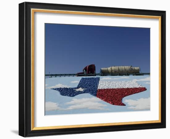 Low Angle View of Truck and Map of Texas on the Slope Beside a Highway, Pecos, Texas, USA-null-Framed Photographic Print