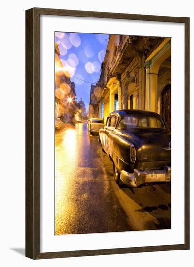 Low Light View Along a Street Towards the Capitolio with Street Lights Reflecting in the Wet Tarmac-Lee Frost-Framed Photographic Print