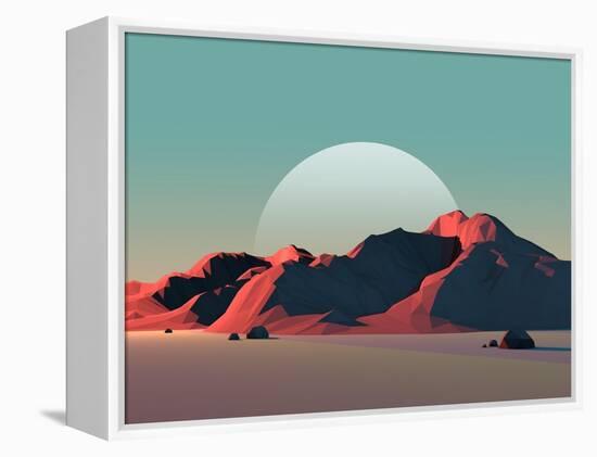 Low-Poly Mountain Landscape at Dusk with Moon-Mark Kirkpatrick-Framed Stretched Canvas